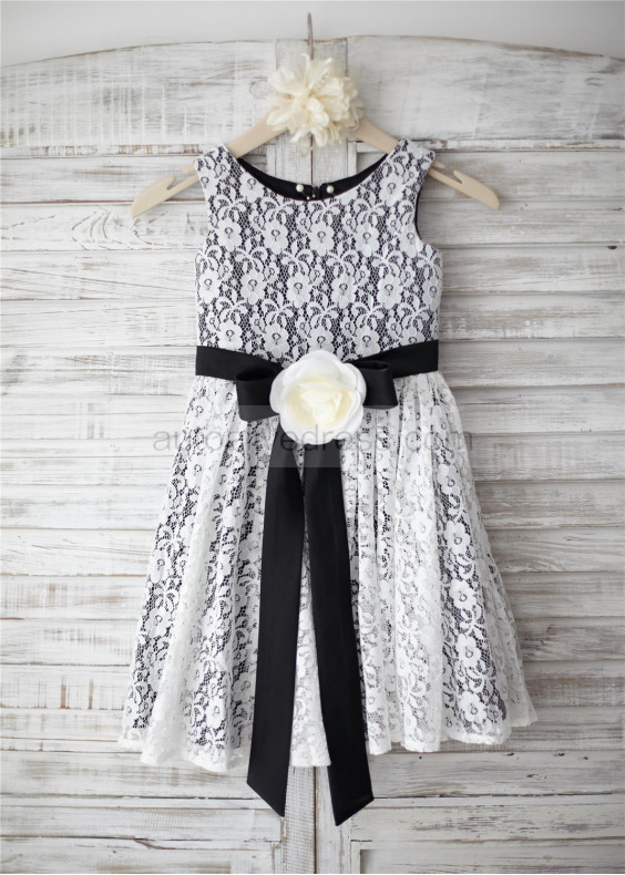 Ivory And Black Lace Knee Length Flower Girl Dress With Flower Sash